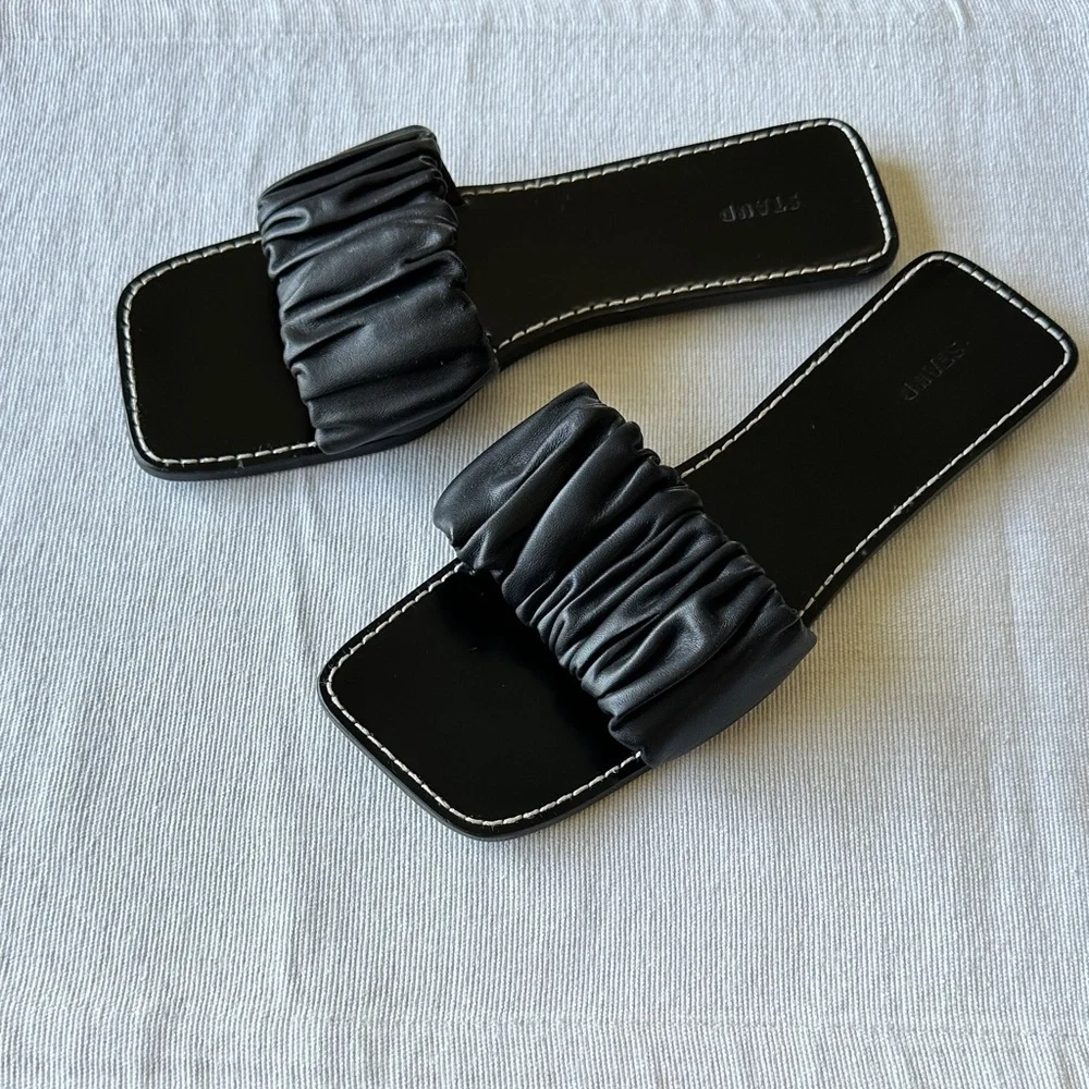 STAUD Black Nina Ruched Slide Slip On Leather Sandal Made in Portugal, Size 9 - Picture 2 of 14